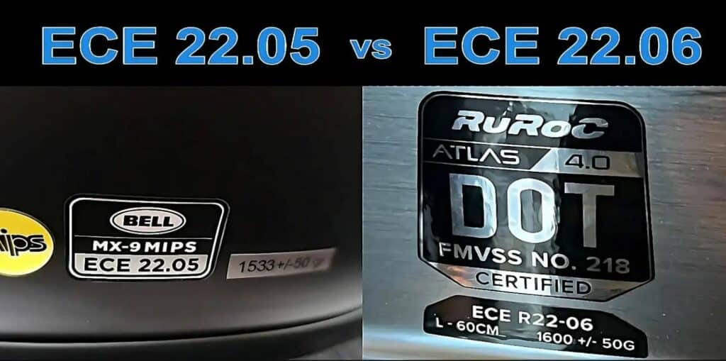 Side-by-side comparison of helmets. On the left, a BELL MX-9 MIPS with the outgoing ECE 22-05 certification sticker. On the right, a RuRoc ATLAS 4.0 helmet with the new ECE 22-06 certification sticker. A lot of the old stuff remains, but ECE 22.06 has enhanced the impact testing process by testing at various speeds, at varying impact angles, and by examining the impacts on various parts of the helmet.