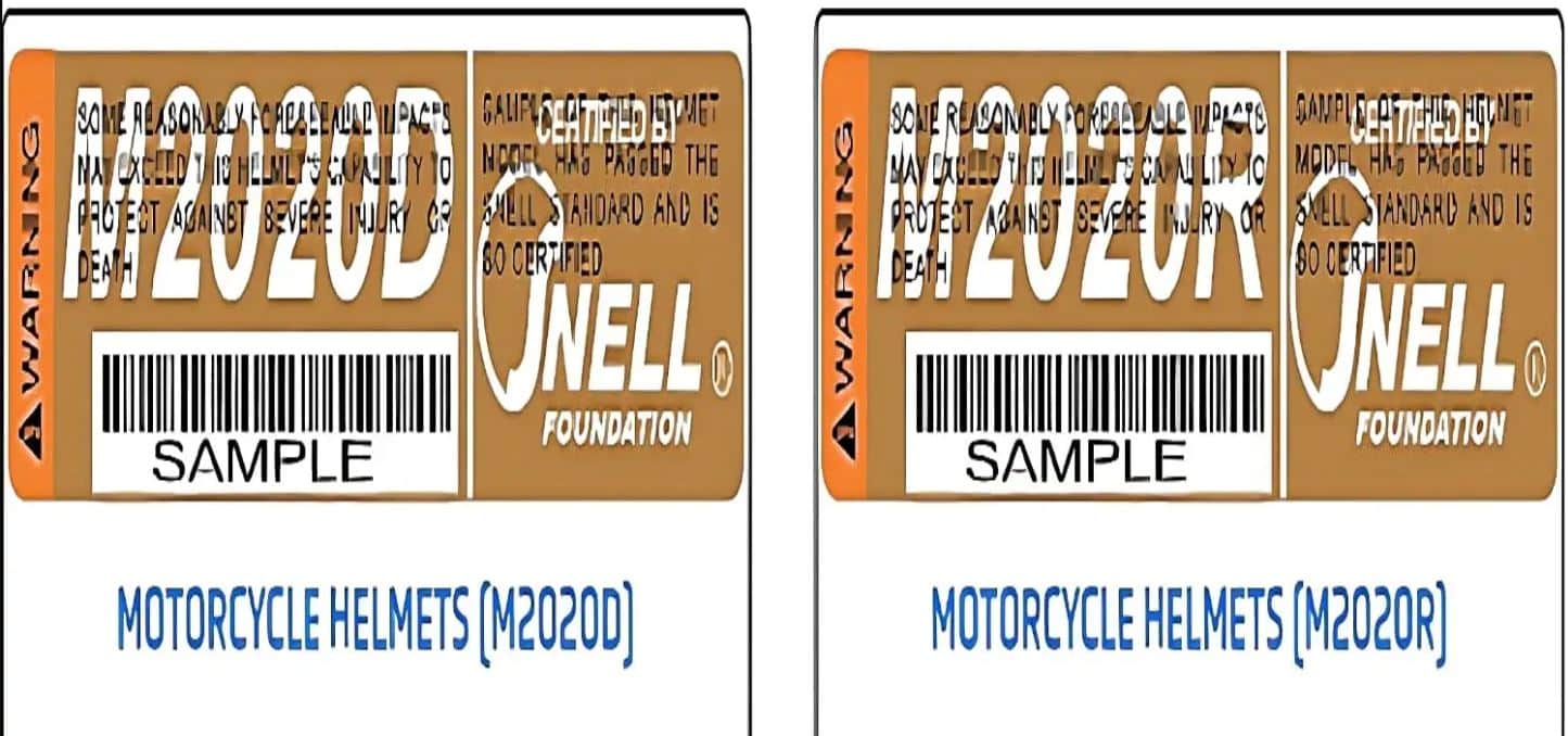 Samples of what SNELL M2020D (left) and SNELL M2020R (right) certification labels look like. Every SNELL-certified helmet must have a certification sticker.