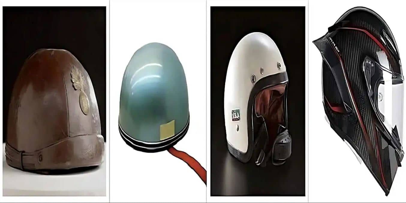The evolution of motorcycle helmets from leather-clad rubber and cork WWII British military riding caps to puddling bowls to the first motorcycle jet helmet by AGV with a wraparound design, to the carbon fiber AGV Pista GP RR (about as high-end as you can go with motorcycle helmets).